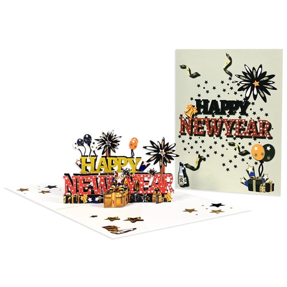 CIYISON Stylish 3D Popup Happy New Year Greeting Cards Black and Gold Color Scheme Decorations with Balloon Gift Box Decor