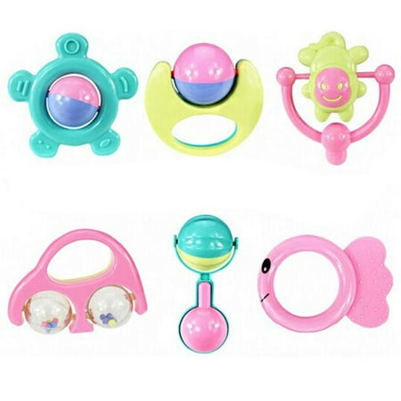 Pink Elephant Rattle - 6pc Animal Handbells Developmental Toy Bells Kids Baby Rattle Lovely