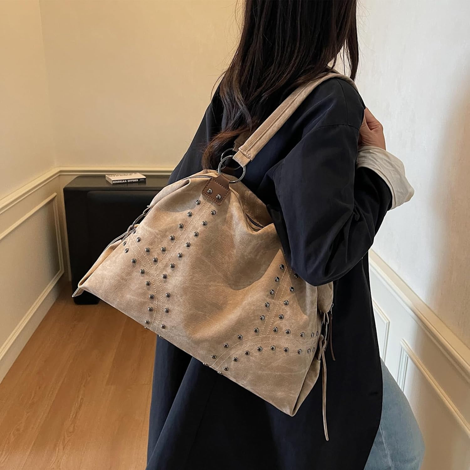 SPEKSEE Studded Purse Trendy Faux Leather Studded Tote Handbag Top-Handle Hobo Bags Y2K Shoulder Bag Punk Purse for Women