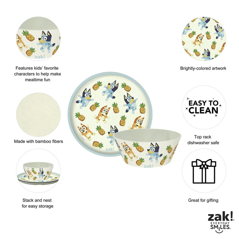 Zak Designs 6 Pcs Kids Dinnerware Set Melamine Stainless Steel Plate Bowl Tumbler Flatware Water Bottle, Bluey