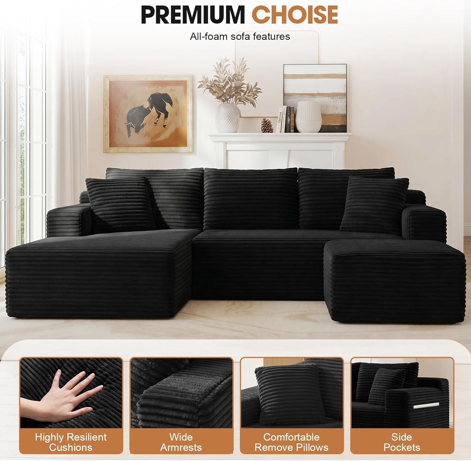 MOONMISS Small Modular Sectional Sofa with Movable Chaise and Ottoman,U-Shaped Boneless Cloud Couch for Living Room Apartment,Black(Left Facing Chaise)