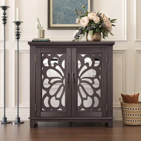 FFZ Sideboard Buffet with Storage 2 Acrylic Mirrored Doors Hollow-Carved Accent Cabinet for Kitchen, Brown