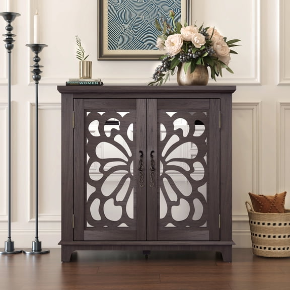 FFZ Sideboard Buffet with Storage 2 Acrylic Mirrored Doors Hollow-Carved Accent Cabinet for Kitchen, Brown