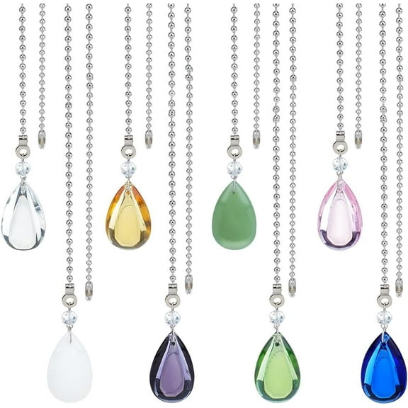 8Colors Glass Drop Ceiling Fan Pull Chain Extenders Colorful Teardrop Hanging Fan Extension with 304 Stainless Steel Ball Chain for Ceiling Fan Light Decoration colorful