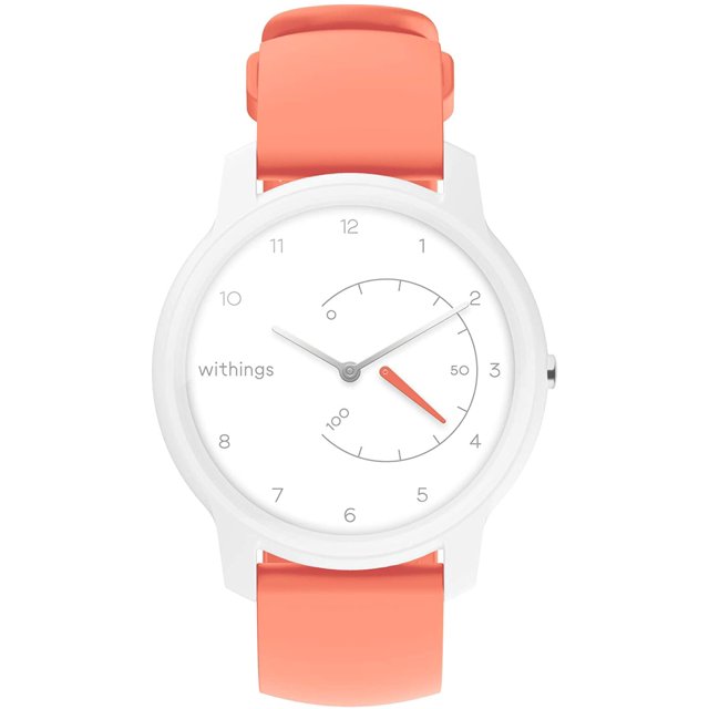 reloj de seguimiento de actividad move withings resistente al agua ios android blanco/coral reloj analógico frontal con esfera blanca, aguja de actividad coral en subesfera, manecillas grises, correa de silicona coral y caja blanca; botón lateral visible; compatible con app Health Mate y GPS conectado, seguimiento 24/7 y resistencia hasta 50 m; suele usarse también para monitoreo diario de actividad.