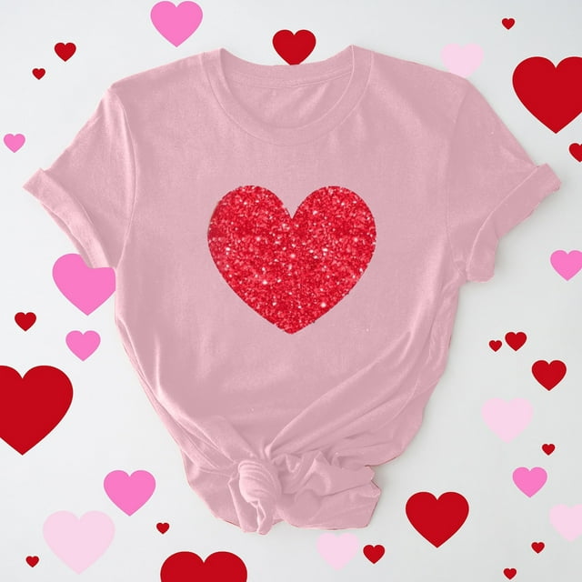 Meichang T-Shirts de la Saint-Valentin pour Femmes Hauts Mignons Imprimé Cœur Hauts Mignons Col Rond Manches Courtes Décontracté T-Shirts de Vacances Saint-Valentin
