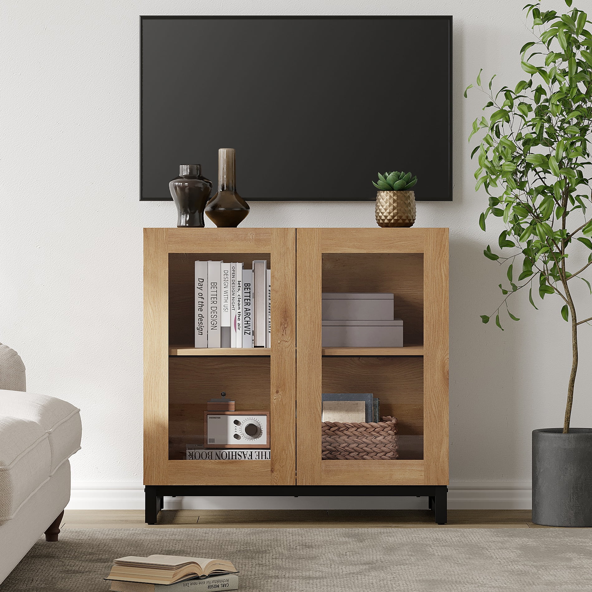 WAMPAT Modern TV Stand with Glass Doors for 32-40 inch TVs, Entertainment Center TV Console with Adjustable Shelves for Living Room, Bedroom, Oak