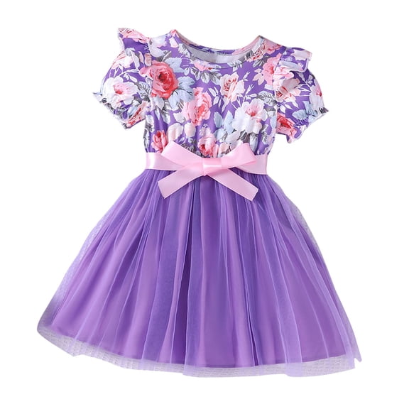 IFNWSV Girls Dresses Print Skirt Kids Dress Summer Style Sleeve Dress Mesh Dress Purple 4 Years
