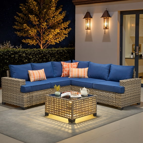 XIZZI 6-Piece Outdoor Patio Sectional Furniture Sets, Wicker Patio furniture with Coffee Table and Cushions, Waterproof Outdoor Conversation Set for Balcony, Porch, Backyard,Navy Blue