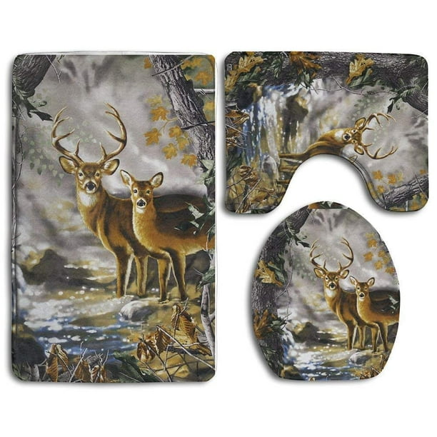 PUDMAD Real Tree Camouflage Deer 3 Piece Bathroom Rugs Set Bath Rug