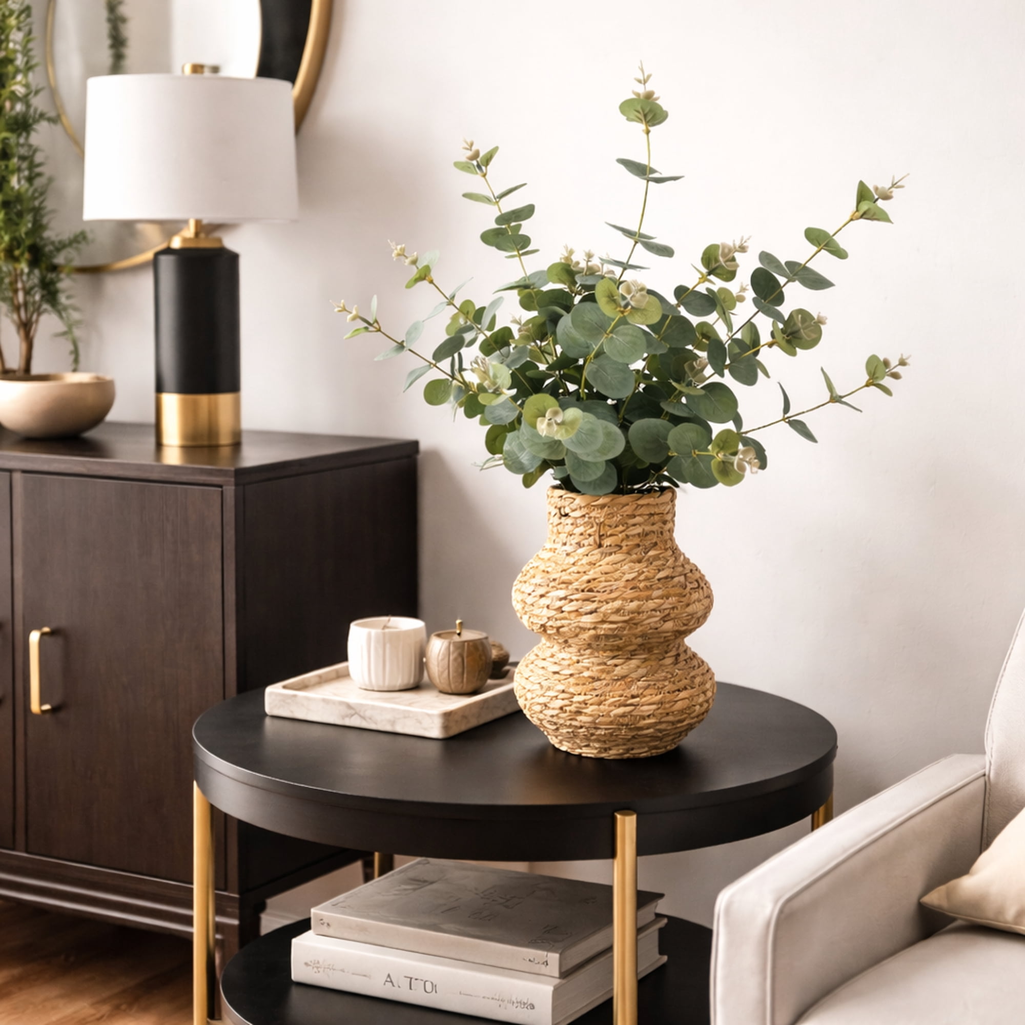 Artificial Plant, 24in Artificial Eucalyptus Plant in a Woven Tiered Basket by LCG Florals, Fake Indoor Faux Plant for Living Room, Office, and Home Decor