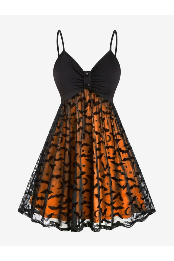Women's Plus Size Bats Pattern Lace Overlay Knot Halloween Fit and Flare Dress