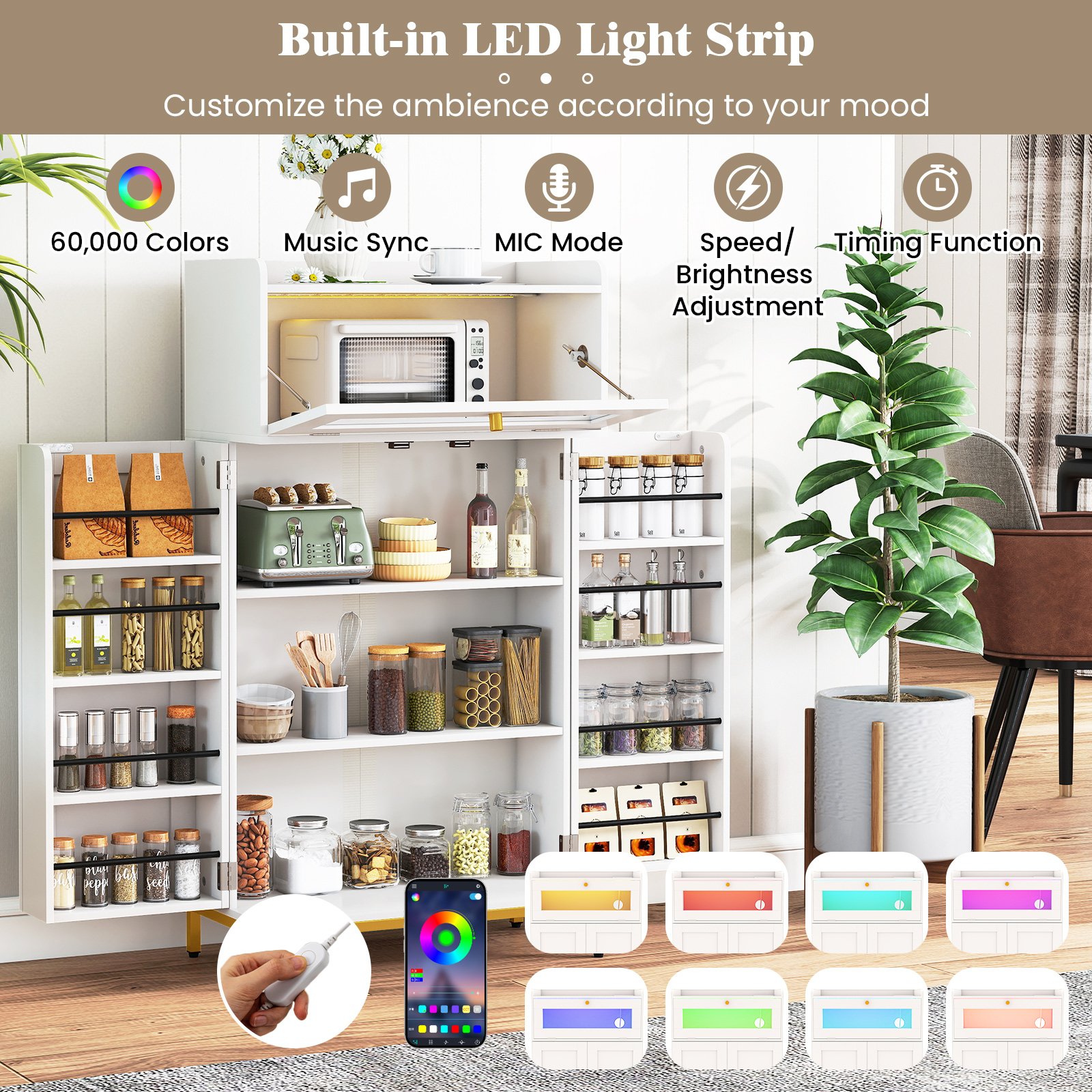 Gymax Kitchen Pantry Cabinet Power Outlet & APP Control LED Lights Acrylic Flip Door