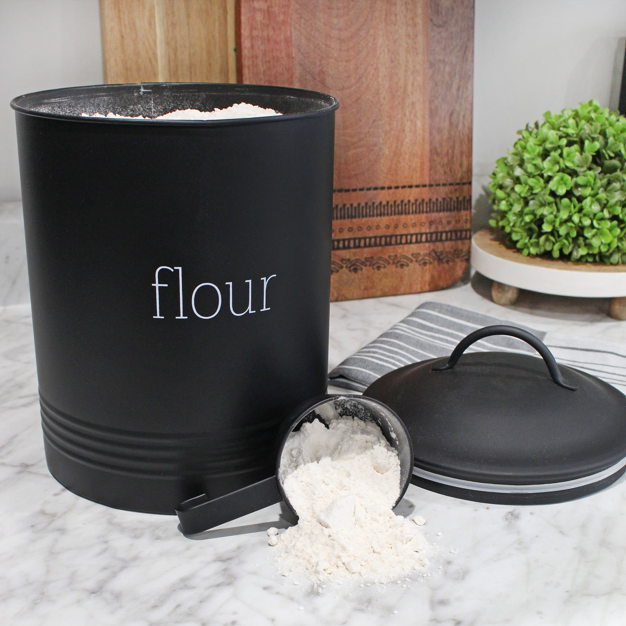 AuldHome Enamelware White Flour Canister; Rustic Distressed Style Staples  Storage for Kitchen