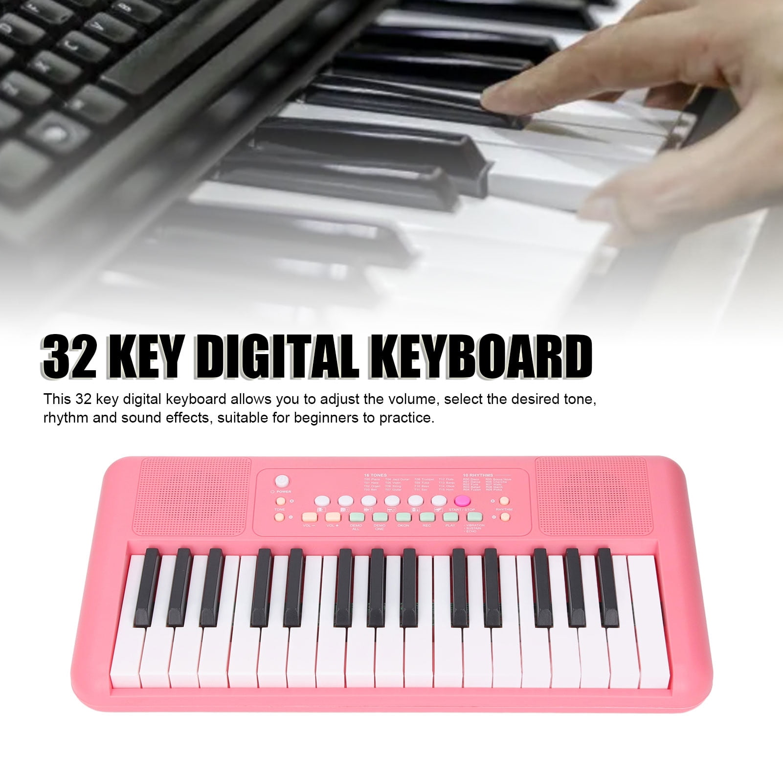 YAHHU 32 Key Portable Electronic Keyboard with Microphone 16 Tones 10 Rhythms Dual Speakers Battery/USB Powered for Kids Beginners Strawberry Red (17.32 inches / 44 cm)