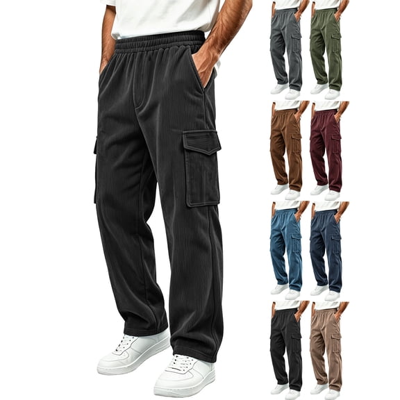 Wide Leg Cargo Pants for Men,Elastic Waist Solid Color Casual Loose Pants with Pockets for Mountain Trip