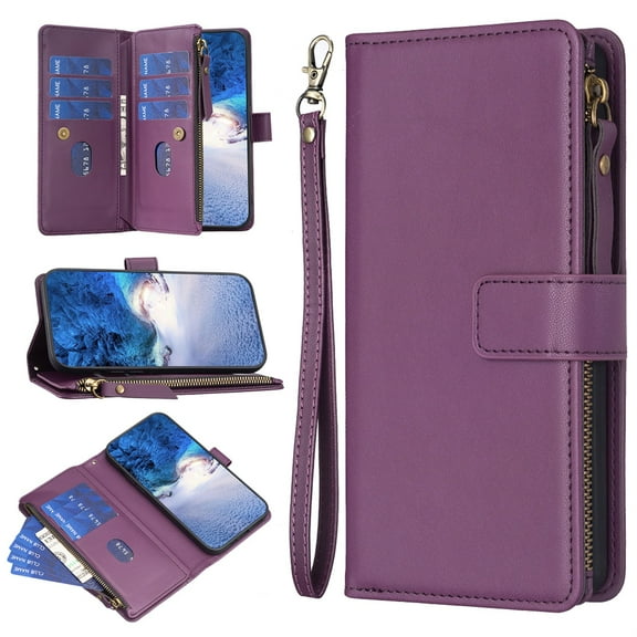 SaniMore for Samsung Galaxy A34 5G 6.6" 2023 Business Case, Full Body Protective PU Leather with Zipper Purse + Card Holder Flip Kickstand Lanyard [Shockproof TPU Shell] for Men Women, Darkpurple