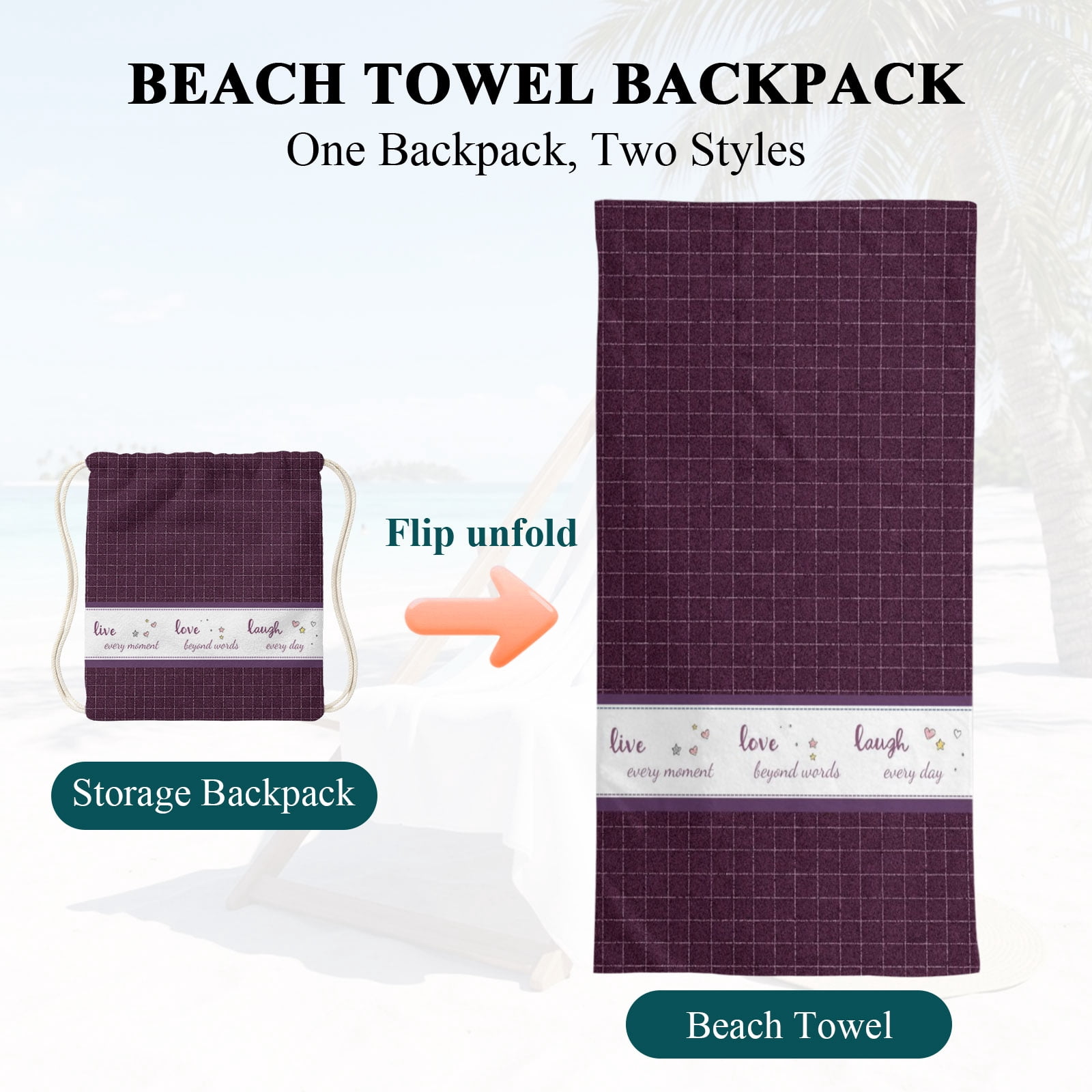 Beach Towel Bag 2 in 1 Live Love Laugh Bath Pool Towels Backpack Purple Buffalo Plaid Absorbent Beach Towel Soft Quick Dry Lightweight Towels Drawstring Bag for Travel Camping Sports Yoga Gym Picnic
