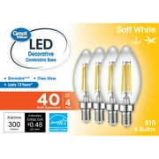 Great Value LED Light Bulb, 4 Watts (40W Equivalent) B10 Deco Lamp E12 Candelabra Base, Dimmable, Soft White, 4-Pack
