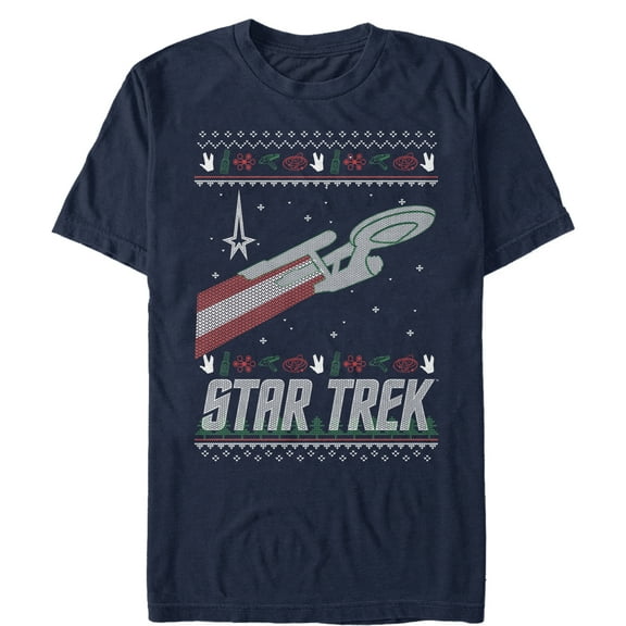 Men's Star Trek USS Enterprise Ugly Christmas Sweater Graphic Tee Navy Blue X Large