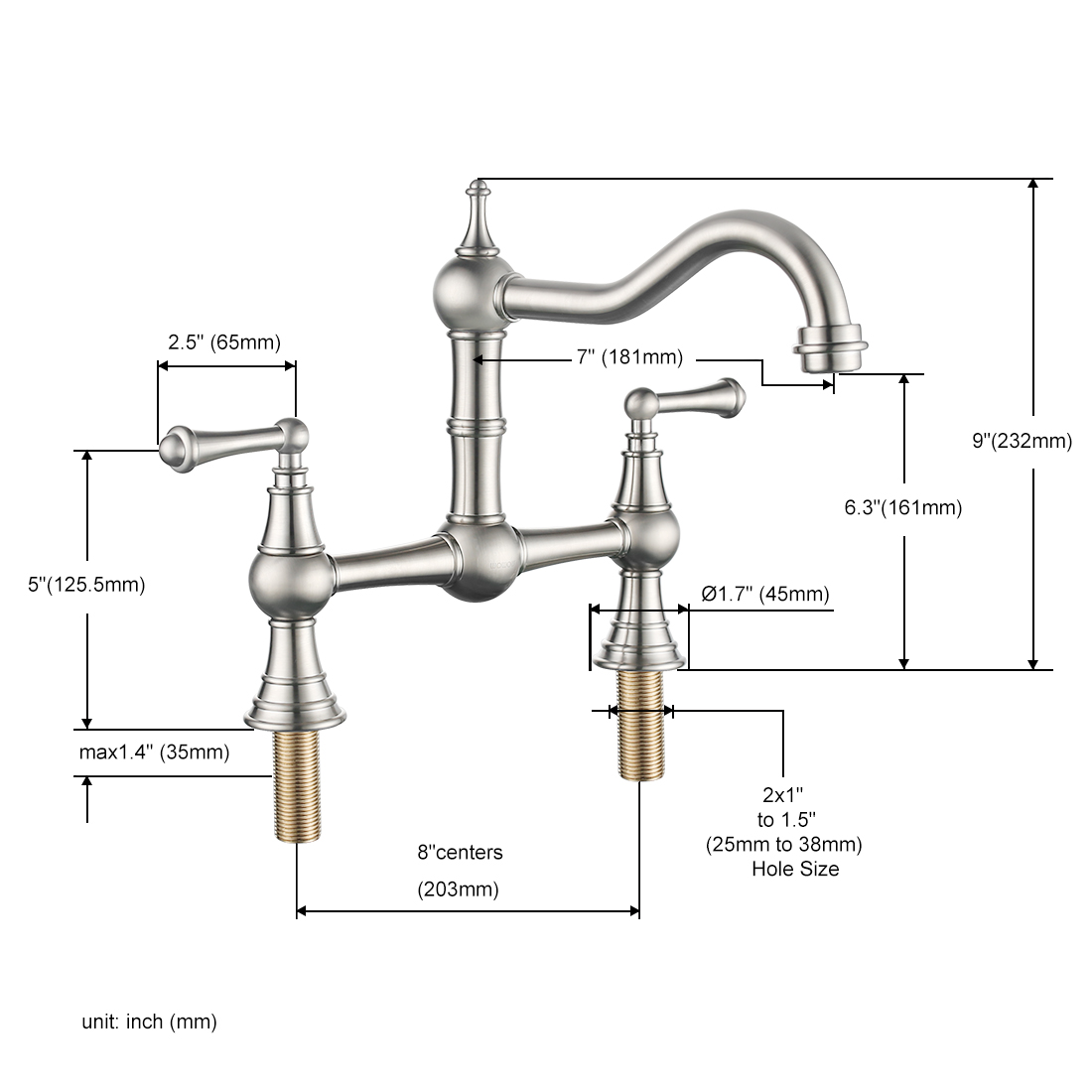 Wowow 8 inch Centerset Bridge Kitchen Faucet, 2-Hole 2-Handle Deck-Mount Faucets,Brushed Nickel