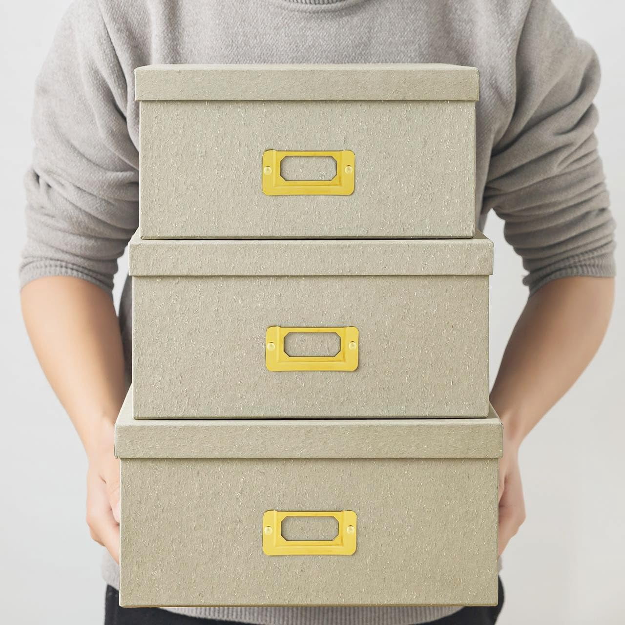Square Stacking Boxes with Lids and Gold Label Holders, Decorative Photo Storage, Nesting Cardboard Set for Decor and Organizing
