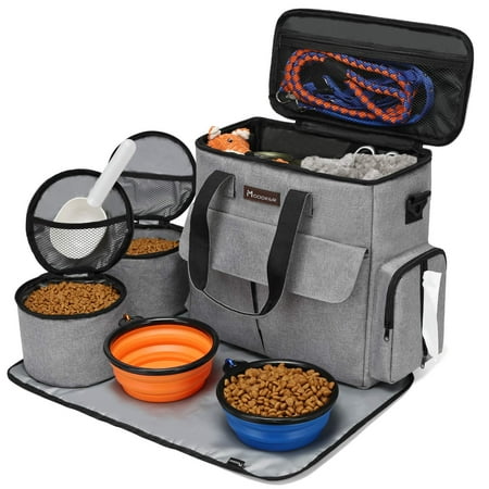 Modoker Dog Travel Bag  Weekend Pet ATT1Travel Set Dog and Cat  Airline Approved Tote Organizer with Multi-Function Pockets  2 Food Storage Containers  2 Collapsible Bowls  1 Feeding Mat (Grey)