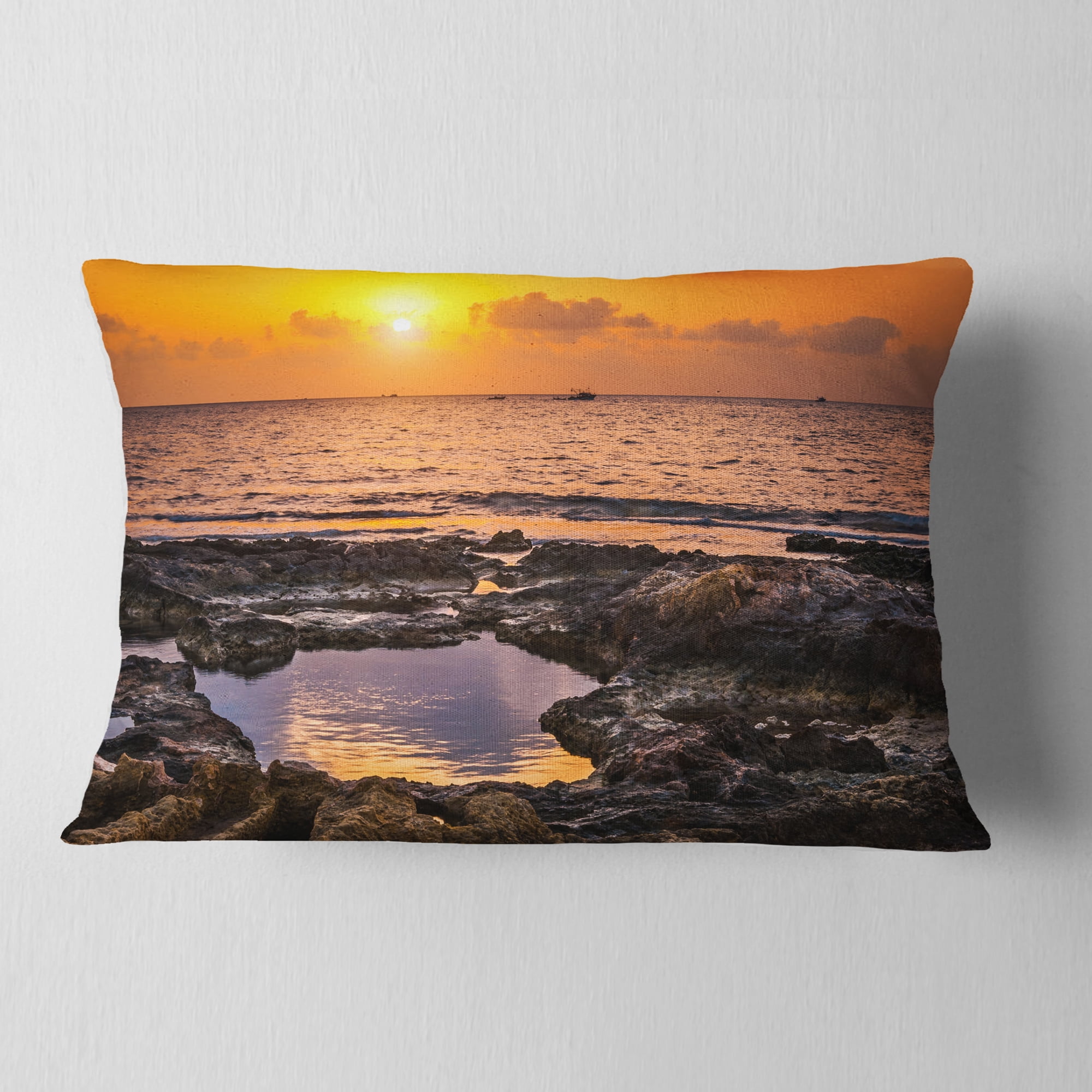 Designart Colorful Rocky Coast at Sunset - Oversized Beach Throw Pillow - 12x20