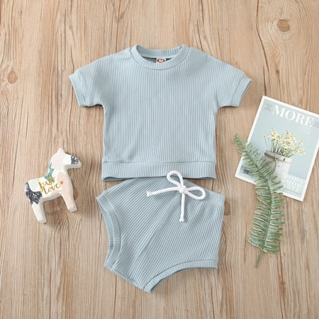 

Tejiojio Girls and Toddlers Soft Cotton Clearance Infant Kids Baby Boys Girls Solid Ribbed Stitch Tops T-shirt Shorts Outfits Set