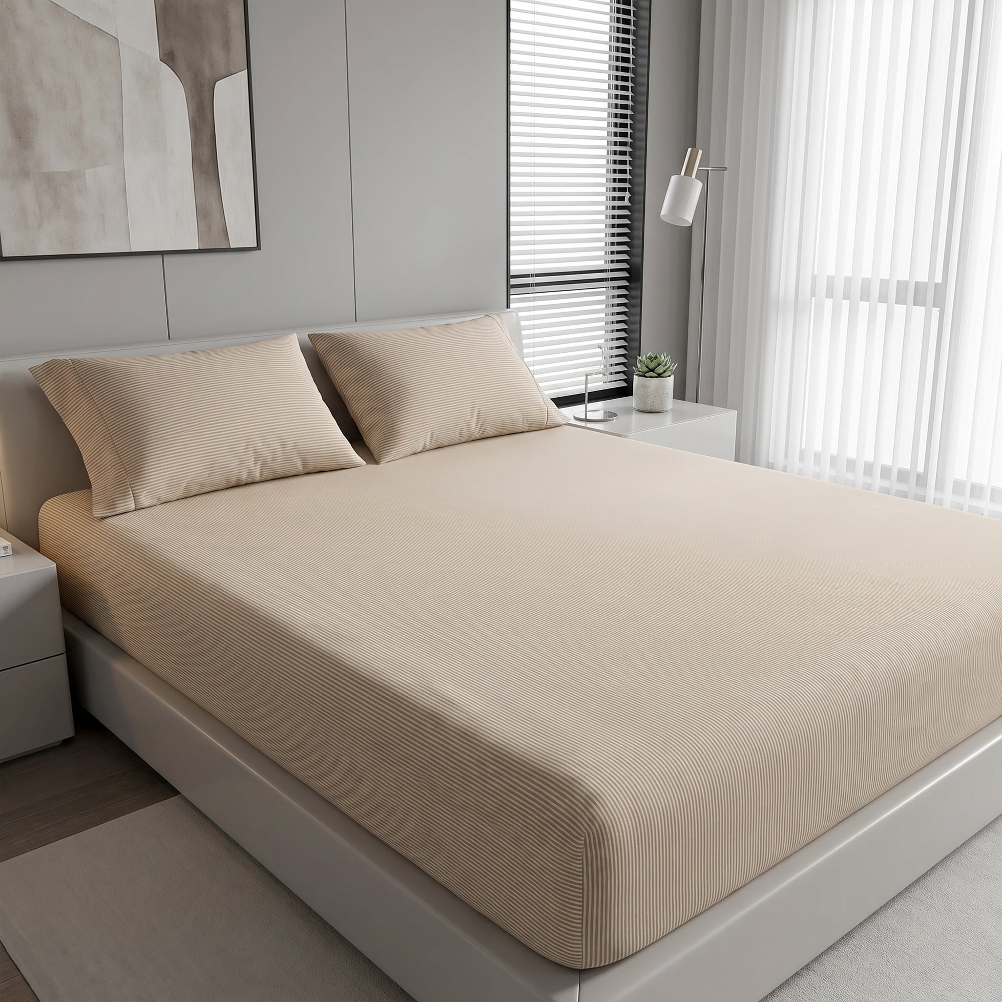 Unique Bargains Cotton Stripes Bed Sheets Cooling and Soft 35.4"x74.8" Beige-Brown