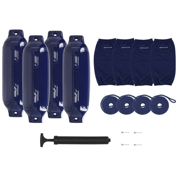 Rockville Marine Boat Fenders with Covers and Lines, 8.5" x 27", Navy Blue, 4-Pack