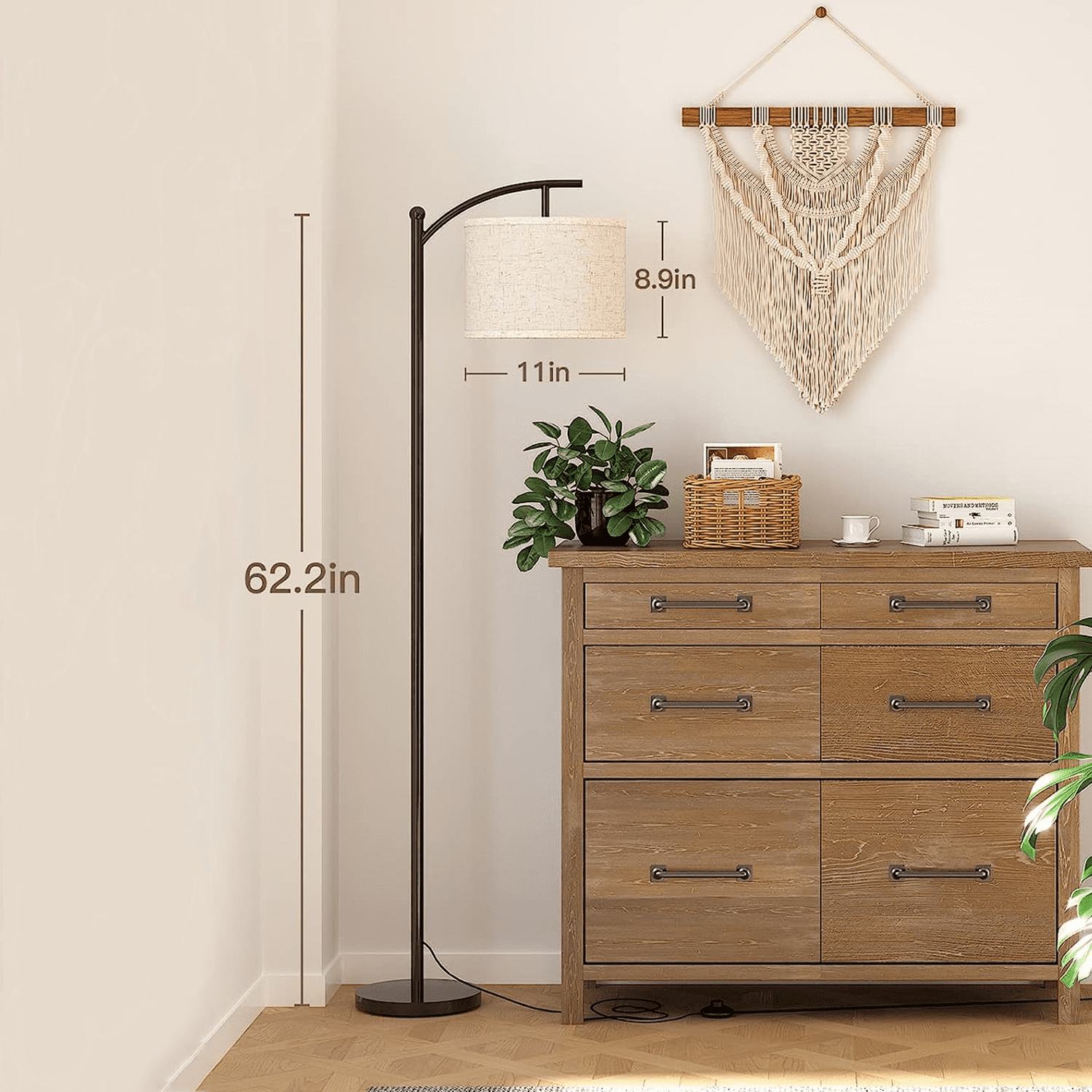 Floor Lamp for Living Room with 3 Color Temperatures, standing lamp with Linen lampshade for Bedroom, Office, Lamps with 9W LED Bulb Included - Black with Beige Lampshade
