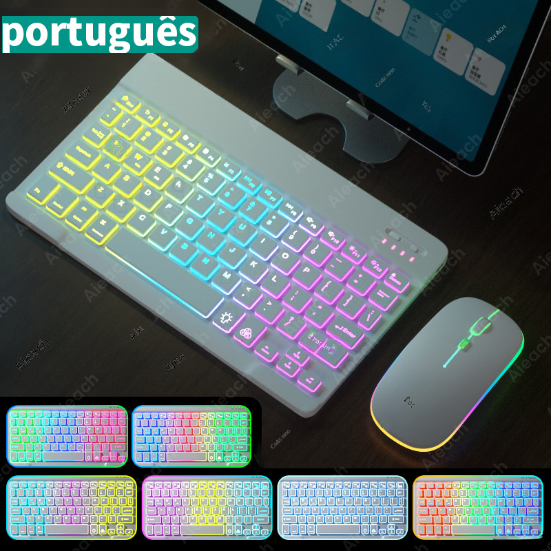 Wireless Bluetooth Keyboard for Tablet Android iOS Windows Mouse Compatible Rainbow Backlit Phone iPad Black