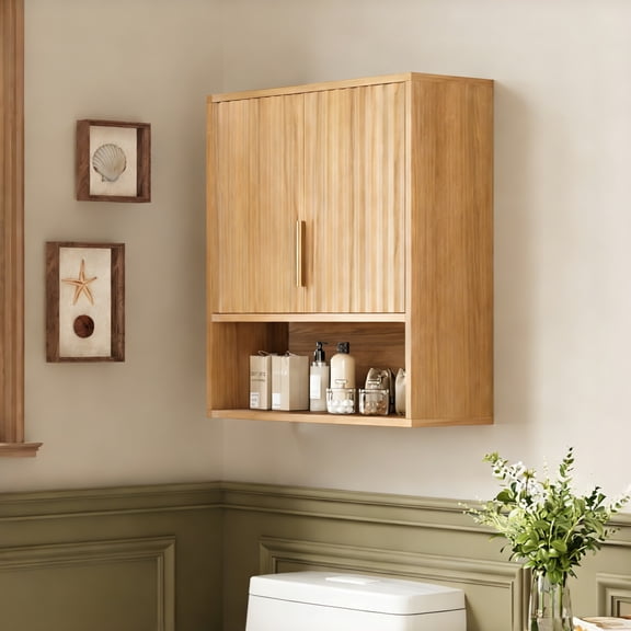 Ktaxon Fluted Bathroom Cabinet Wall Mount, Medicine Cabinet Storage Organizer with Single Door and Adjustable Shelves, Oak