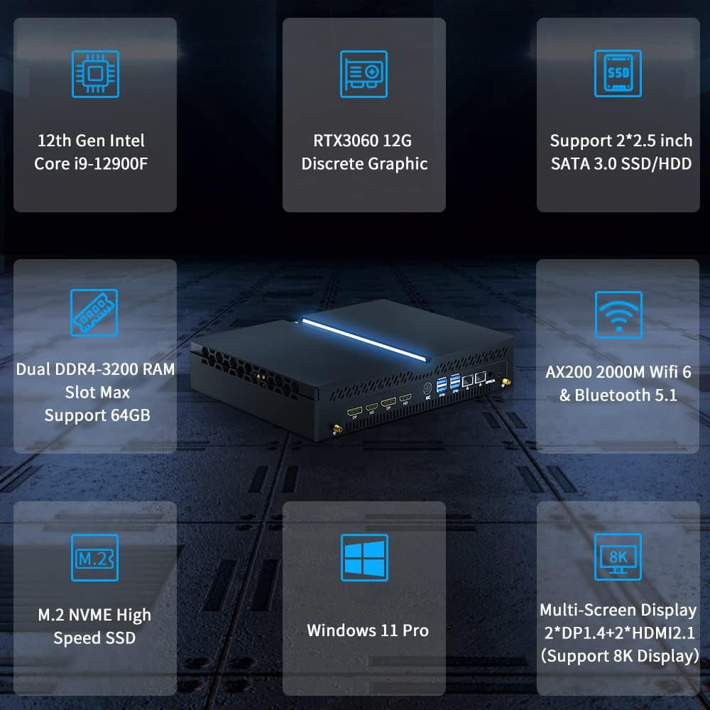 Mini PC Gaming i9-12900F 16 Cores Upto 5.1GHz, Desktop Computer RTX3060 12G, Windows 11 Pro, 16G DDR4 RAM 2T SSD, Optical, Wifi6 BT5.1, HDMI*2 DP*2 8K@60Hz Four Display