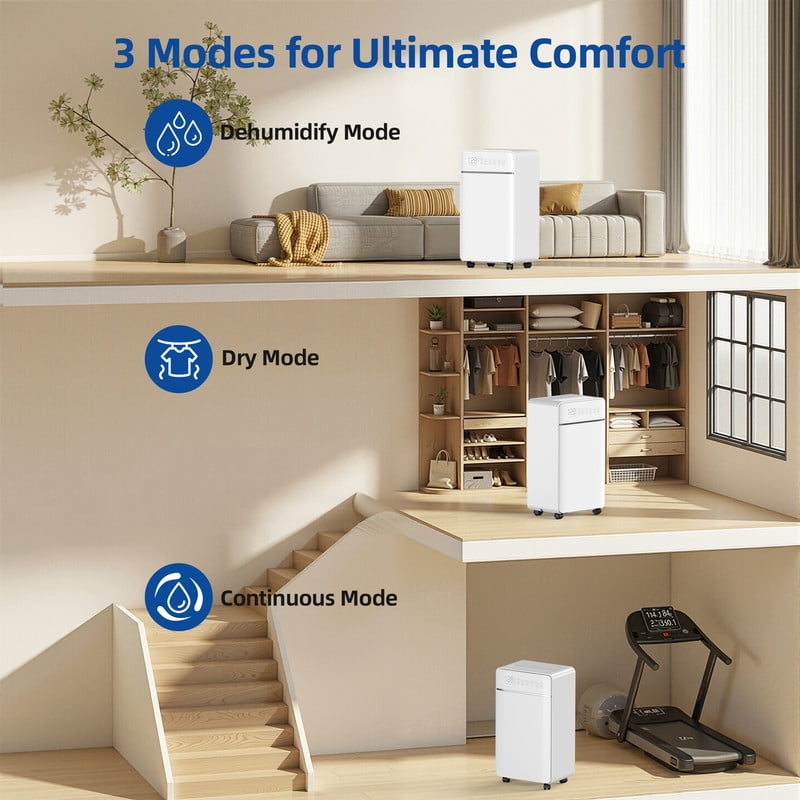 30 pt. 2000 sq.ft. Dehumidifier for Home with Bucket, Drain Hose, in White, Cloth Dry