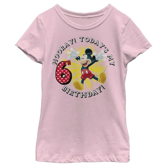 Girl's Mickey & Friends Hooray It's My 6th Birthday Graphic Tee Light Pink X Large