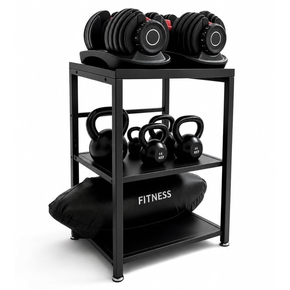 3-Tier Home Gym Storage Rack, Heavy Duty Adjustable Dumbbell Stand with 10mm Rubber Mat, Solid Kettlebell & Sandbag Shelves, Large Garage Gym Organizer for Workout Gear, Rack Only