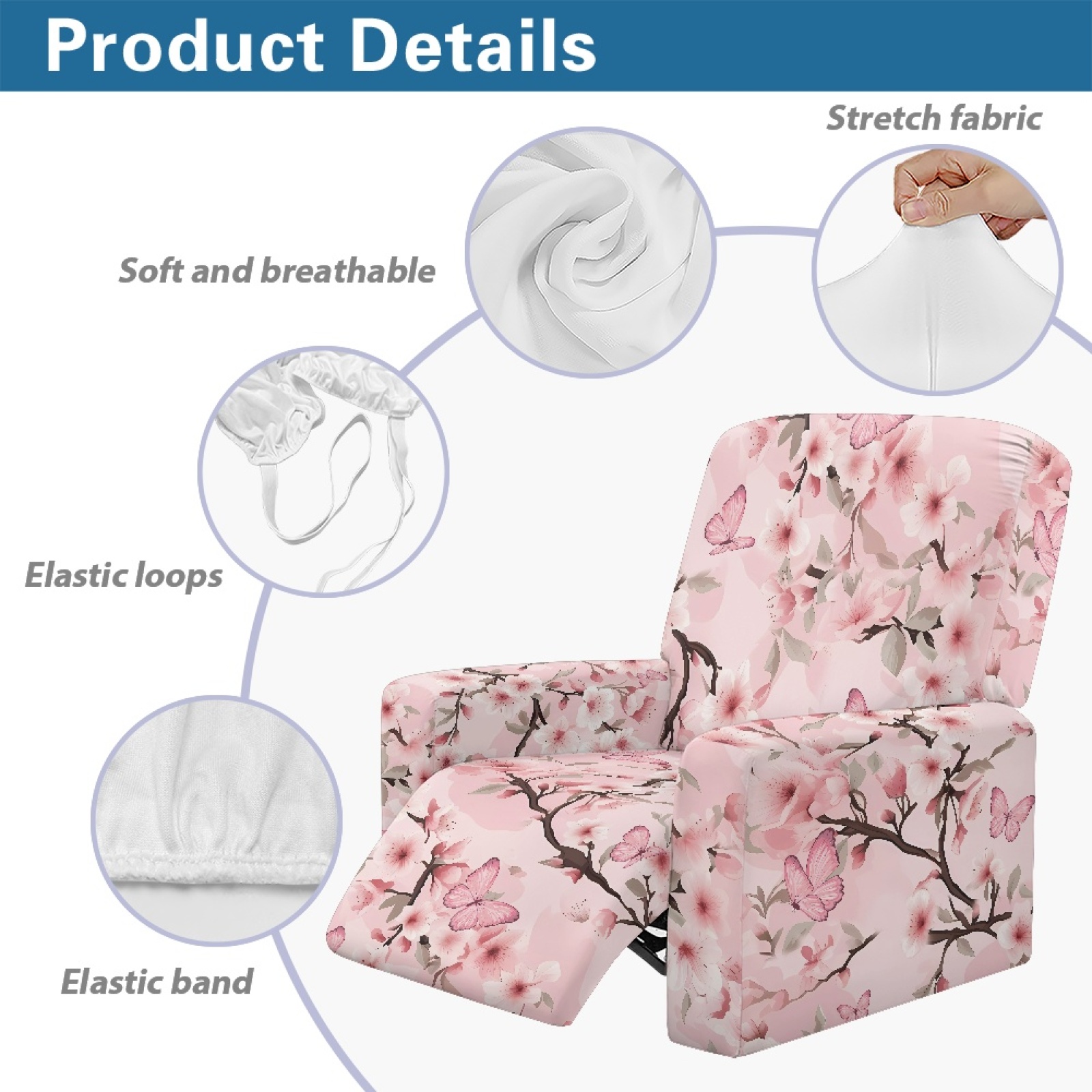 Xoenoiee Butterfly Cherry Blossom Print Recliner Cover with Pockets 4-Pieces Reclining Slipcover Lazy Boy Recliner Armchair Cover with Elastic Bottom for Recliner Furniture Protector for Kid Pet
