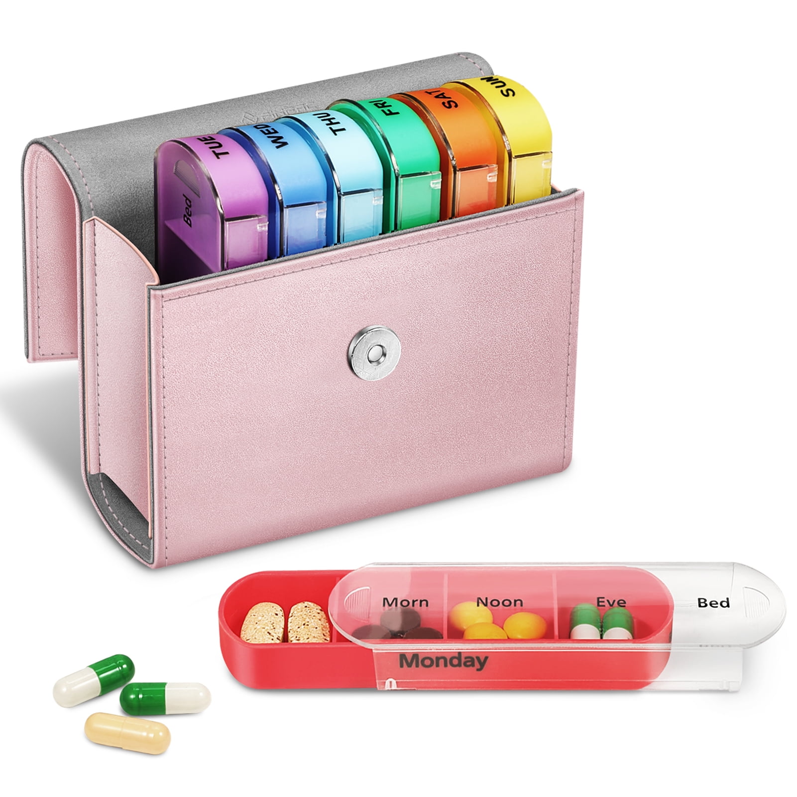 FINPAC Pill Organizer Box Weekly Travel Case, Portable 4 Times A Day 7Day Medicine Planner