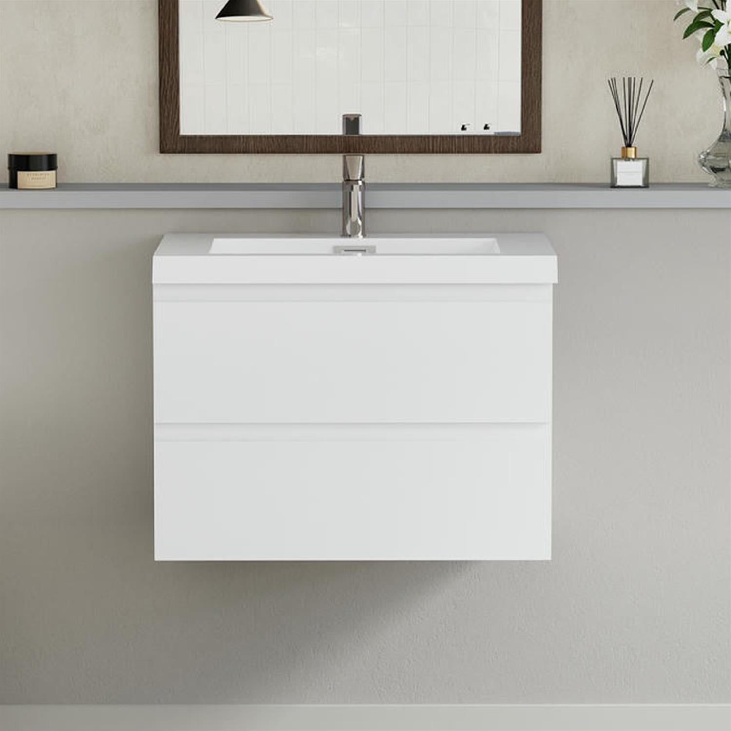 Demi Bonn 30" Floating Bathroom Vanity with Sink, Resin Top Basin and 2 Soft Close Drawers, Faucets and Drains Not Included, White