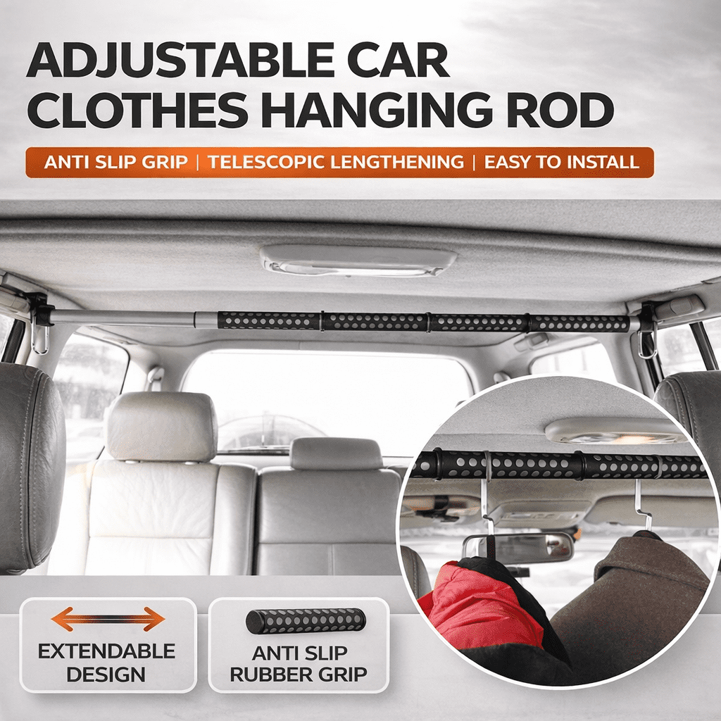 Car Clothes Hanging Rod, Adjustable Vehicle Garment Bar, Telescopic Backseat Hanger Pole with PVC Anti-Slip Grip for SUV Truck Van Interior Storage