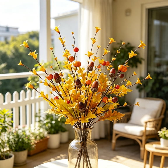 Dongrere 1 Pc Artificial Fall Floral Pick, Faux Autumn Harvest Maple Leaf, Fake Acorn Pumpkin Berry Branch for Vase Home Farmhouse Thanksgiving Table Decor, 16.5 Inch