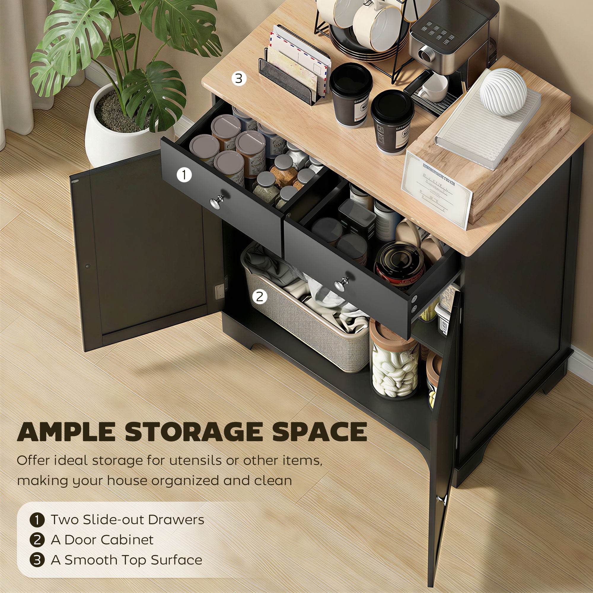 HOMCOM Kitchen Storage Cabinet, Sideboard Floor Cupboard with Solid Wood Top, Adjustable Shelf, and 2 Drawers for Living Room, Black