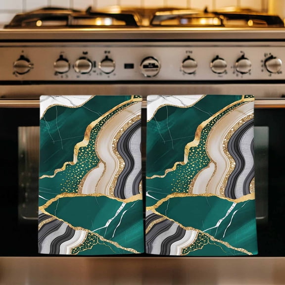 Green Marble Kitchen Towels Set of 3, Grey Gold Texture Vintage Farmhouse Art Absorbent Dish Towels for Kitchen, Microfiber Hand Towel, Quick Drying Tea Towel for Cleaning Decorative Dishcloths