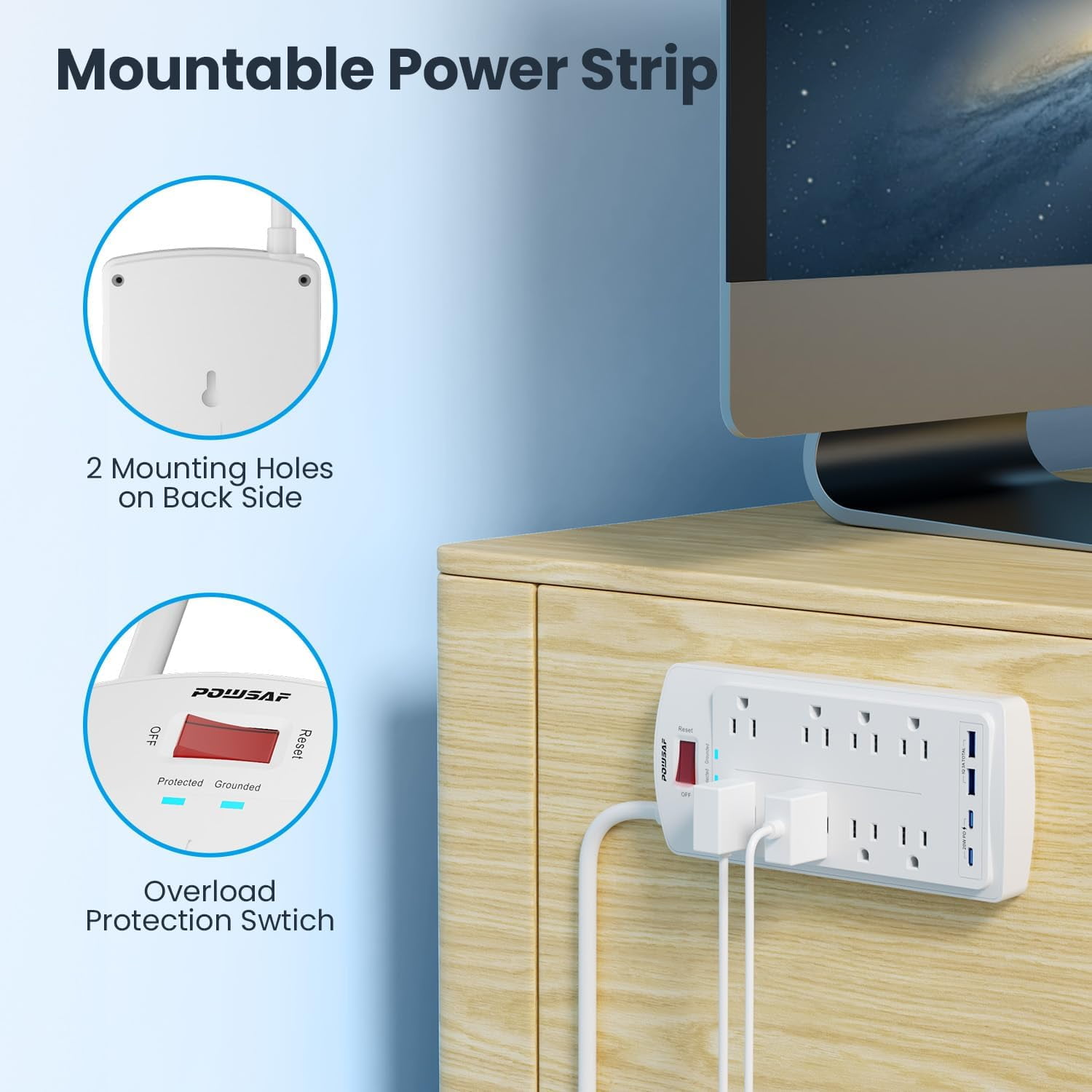 8-Outlet Sur Protector Power Strip, 10Ft Flat Plug Extension Cord with 2 USB-C (PD 20W) Fast Charging Ports and 2 USB-A Ports for Home, Office, 2700 Joules, ETL, White