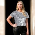 thumbnail image 3 of Glitter Sequin Tops Short Sleeve Sparkly Binding Shirt Blouse - X Large, Silver Grey, 3 of 6