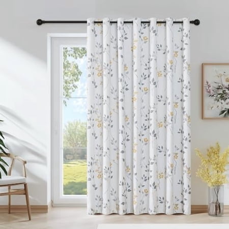 Floral 100% Blackout Curtains 84 Inch Length 1 Panel for Patio Sliding Door Extra Wide Yellow Grey Flower Patterned Divider Room Darkening Thermal Soundproof Grommet Window Drapes 100x84x1