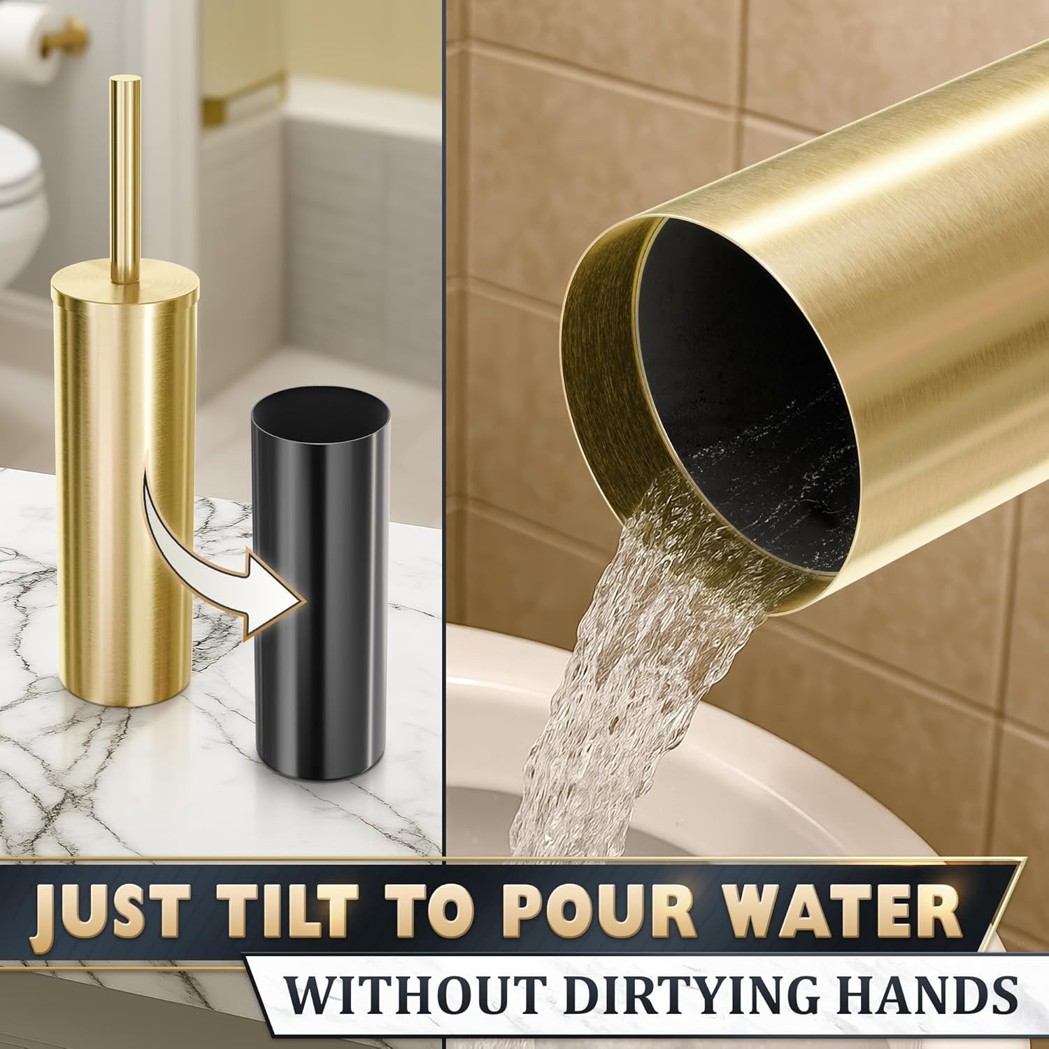 Gold Toilet Brush and Holder Set - Brushed Stainless Steel Gold Toilet Bowl Brush and Holder with Replacable Head, Removable Inner Bowl, and Splash Protection - Dense Bristles for Through Cleaning