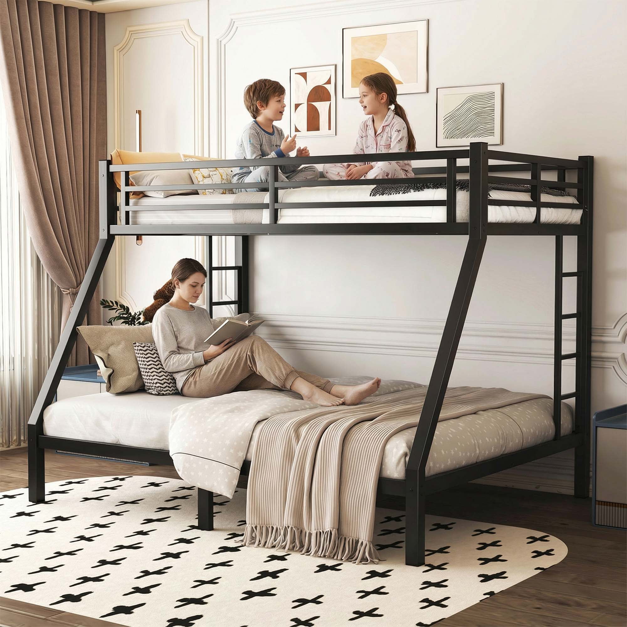 Miniyam Twin XL Over Queen Metal Bunk Bed, Heavy Duty Frame, Fast Assembly, Noise Reduced, Black